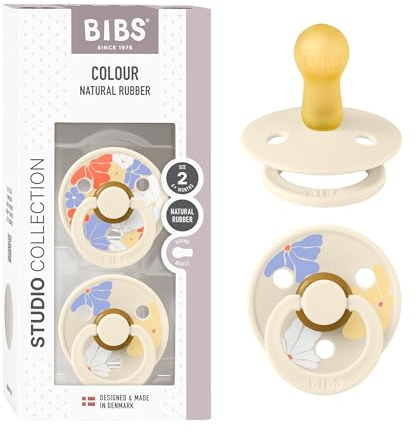 BIBS Colour Studio Soother 2-Pack, BPA Free Dummy Pacifier, Round Nipple. Natural Rubber Latex, Made in Denmark, Size 2 (6-18 Months), Morning Bloom Ivory