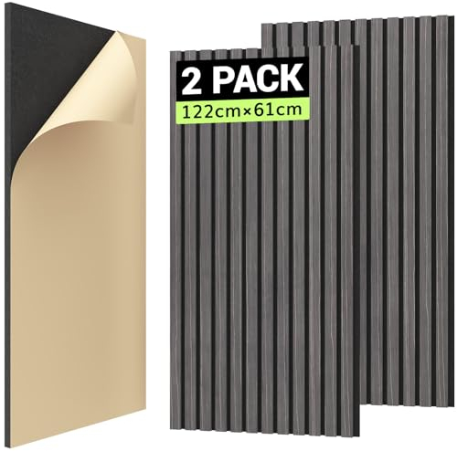 TONOR Akustikpaneele HOLZ Selbstklebend 1,488m²- 2 Stück je 122 x 61 x 2,1 cm, Holzpaneele Wandpaneele Akustik Panels, Schallschutz Modern Wall Cladding für Studio, Schwarz (mit Maserung)