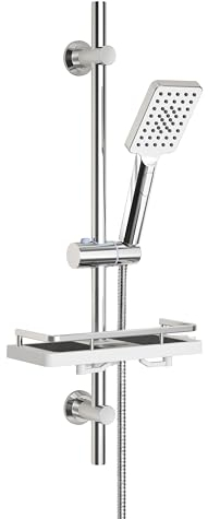 Görbach Edelstahl Duschset mit Duschablage, Brausestangeset 70cm Duschstange mit Duschkopfhalterung und Schlauch für Badezimmer Rechteckig Chrom