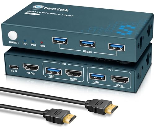 Steetek HDMI KVM Switch 2 PC 1 Monitore 4K@60Hz, USB 3.0 KVM Switch HDMI Für 2 Computer 1 Monitor Gemeinsame Tastatur Maus und Drucker, 2 PC 1 Monitor Switch mit 2 USB-Kabel