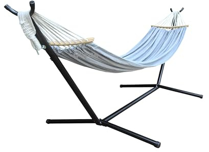 GOCAN Hamaca grande doble de lona de algodón para 2 personas, 220 x 150 cm, soporte de acero y barra separadora extraíble, carga 227 kg, para patio trasero, porche, jardín, exterior e interior, gris