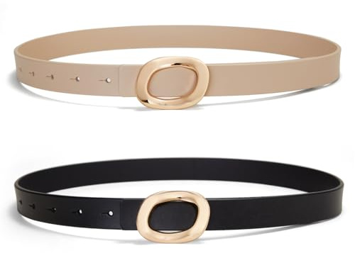 YooAi Womens Belt Leather Skinny Thin Waist Belt with Gold Oval Buckle for Dress Pants Black+Beige M 105