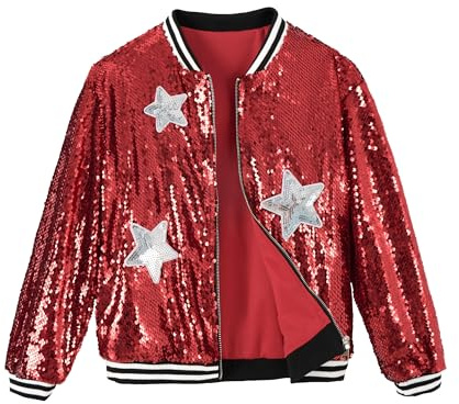 LOLANTA Ragazze Bomber di Paillettes con Tasche, Cerniera, Manica Lunga, Giacche da Baseball Scintillanti per Bambino, Rosso, 12-13 anni, 170