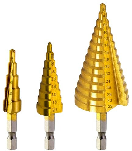 3 Piezas HSS Brocas Escalonada, juego de brocas escalonadas de acero de alta velocidad para Taladrar en Acero, Madera Latón 4-12mm/4-20mm/4-32mm