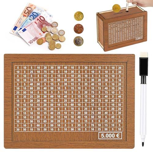 Salvadanaio Retrò in Legno con Contatore e Obiettivo di Risparmio, Scatola con Numeri da Spuntare per Aiutare i Bambini a Costruire l'Abitudine al Risparmio (5000€)