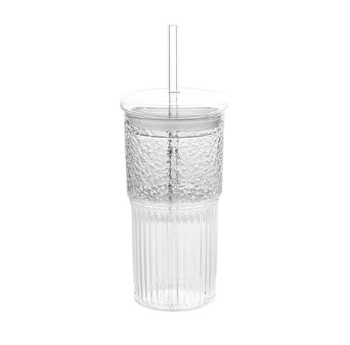 FYJL kopp 600 ml glaskopp med lock, halm, mjölkkaffekopp, transparent randig vattenkopp, kopp te mugg