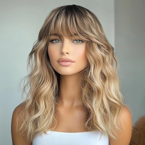 SIMKAYLEE Long Wavy Ombre Blonde Wig with Bangs for Women Ladies Medium Length Wave Ash Blonde Wigs with Fringe Mid Length Synthetic for Female Daily Party Use (16 inch)