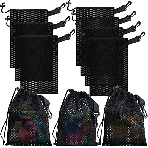 Riuog 10 PCS Drawstring Bags,String Bag, Mesh Bags for Swimming,Sports, Diving, Outdoor Activities,Toys, Nylon Storage Bags with Drawstring and Clips, Black (10, 15 * 20cm)