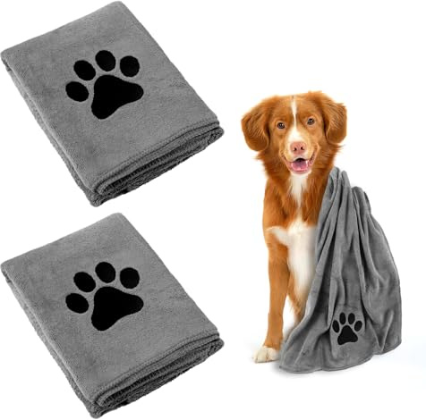 2 Pack Dog Towel, Super Absorbent Dog Towels for Drying Dogs, 75 x 35 cm Microfibre Dogs Drying Towel for Puppies, Cats and Other Pets Bath, Rain, Travel (Grey)
