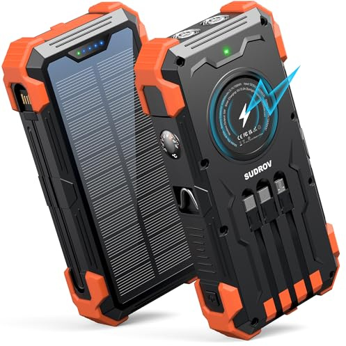 Sudrov Caricatore solare Power Bank, 42800 mAh, caricabatterie portatile wireless con USB-C in/output, ricarica rapida QC3.0 15 W 4 porte batteria esterna torcia LED integrata, per iPhone, Galaxy