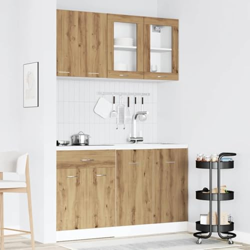 Mokuyary 4-TLG. Köksskåp set Lyon Artisan-ek träbaserade pentry, köksblock variabelt justerbart modernt pentry, rymligt inbyggt kök