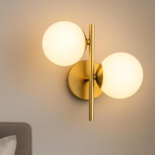 TEKHOME Applique Moderna da Parete in Ottone con 2 Sfere, Attacco G9, Design Minimal, Lampada da Parete per Camera da Letto, Soggiorno, Corridoio – IP20 – Senza Lampadina AQ42