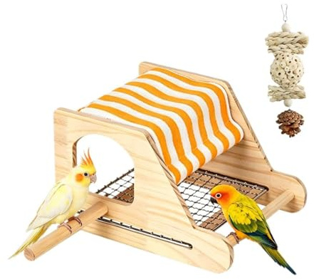 Casita de Madera para pájaros - Refugio de Madera - con Fondo de Malla metálica de Acero Inoxidable para Conuros Inseparables Periquitos Loros Y Descanso（Incluye Juguetes de Pelota de Hierba）