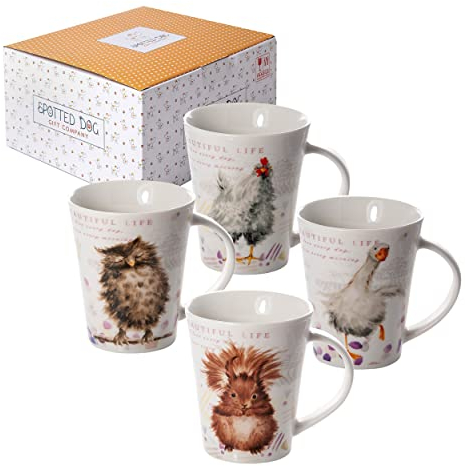 SPOTTED DOG GIFT COMPANY Tazas de Café, Juego de 4 Tazas Desayuno con Búho Ardilla Ganso Gallina Diseños, Taza de Cerámica para Té y Café, Regalo para Amante de los Animales, 360ml/12.2oz