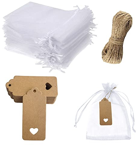 Pamtns 50 Piezas Bolsas de Organza 20X30cm Bolsas Tela Regalo Bolsas de Regalo para Bodas Bolsitas de Organza Blanco con Etiquetas Regalo de Papel Kraft y Cordón Bolsas Envoltura para Bodas Dulces