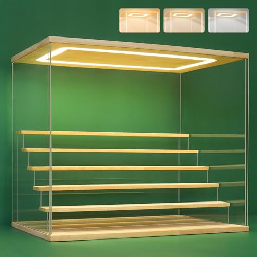 NONEMEY Vitrine pour Collection en Acrylique Transparente avec Éclairage LED Tricolore – Présentoir Anti-Poussière 2/3/4/5/6 Niveaux pour Figurines et Lego (Bois, 6Tier-49x30x40cm)