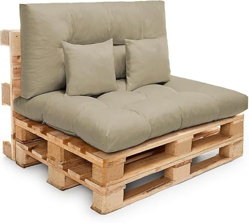 Diverpuff Set Cojines para Palets Impermeables Color Arena Asiento 120x80 Respaldo 120x60 y Cojines Decorativos 40x40 para Jardín Terraza Balcón Porche Exterior Waterproof Tratamiento UV