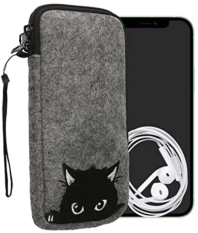 kwmobile Custodia in feltro con zip per Smartphone XXL - 7 - Astuccio portacellulare a sacchetto con cerniera e ricamo - Borsa grigio/nero