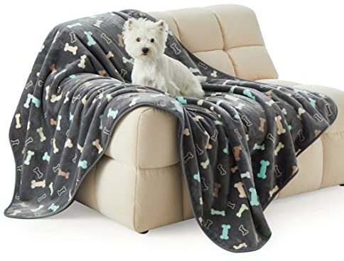 Allisandro Waterproof Blanket for Couch, Chairs, Car, or Bed, Machine Washable 3 Layer Waterproof Furniture Protector with Cute Bone Print for Dogs & Cats, Grey, 55 X 39 Inches