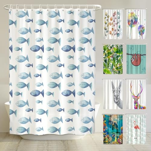 arteneur® - Blaue Fische - Anti-Schimmel Duschvorhang 120x200 - Recycelt mit Öko-Tex Standard 100 - Beschwerter Saum, Blickdicht, Wasserdicht, Waschbar, 8 Ringe