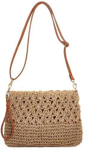 YYW Straw Bag for Women Weave Handmade Crossbody Bag with Zipper, Bohemian Woven Purse for Summer 2026 Travel Vacation Daily Use - Camel