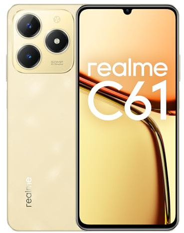 realme C61 Teléfono Móvil 4G, 6 + 128GB, Gran batería de 5000 mAh, Potente procesador de Ocho núcleos, Diseño Ultrafino de 7,74 ​mm, Cámara de 50 MP con IA, Oro, Sin Adaptador