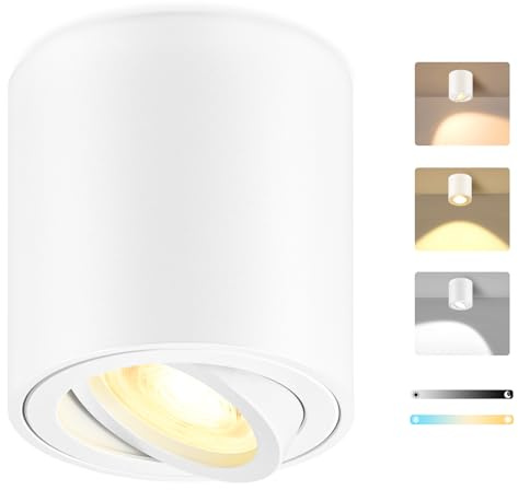 GeyouLux Foco LED de Superficie Blanco Regulable, Ø80x84mm Foco de Techo Redondo, Orientable 30°, con Módulo LED 5W 500LM 230V, 3CCT 3000K/4000K/6500K, 1 Unidad