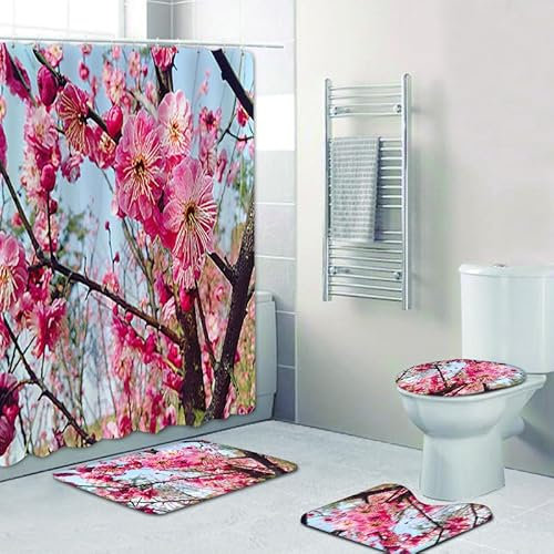 Duschvorhang Rosa Blumen Badezimmermatte Verdickung Bad Teppiche Set, Duschvorhang Stoff+Bath Mat rutschfeste(50x80cm)+U-Typ Fußmatte Wasseraufnahme+Toilette Badmatte