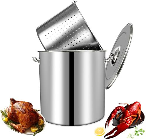 MANNY HOME 24-Quart Stainless Steel Seafood Stockpot with Basket, Crawfish, Crab, Lobster Boil StockPot, Shrimp Boil Stock Pot with Strainer, Turkey Fryer Pot,27L,7Gallon