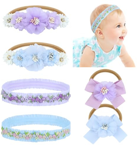Dizila 6 Pieces Super Soft Stretchy Purple Light Blue Baby Girl Bow Flower Nylon Headbands Floral Lace Headbands Hair Accessories for Newborns Infants Toddlers Girls Kids