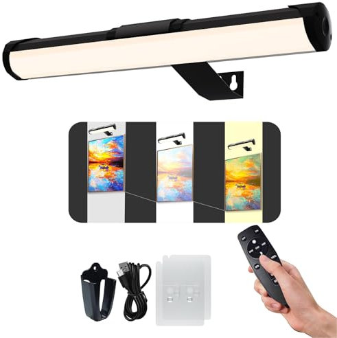 Bilderleuchte mit Fernbedienung, kabellose Batterie-Malleuchte mit 3 Lichtfarben, 4400mAh wiederaufladbare Kunstlicht-Display-Lampe, dimmbare Timer-Lampe für Kunstgalerie (Schwarz-35cm)