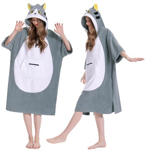 OLAOLA Poncho de Surf pour Adulte, Serviette de Bain avec Capuche et Poche, Peignoir à Langer, Poncho de Plage à Séchage Rapide pour Femmes et Hommes (Chat)