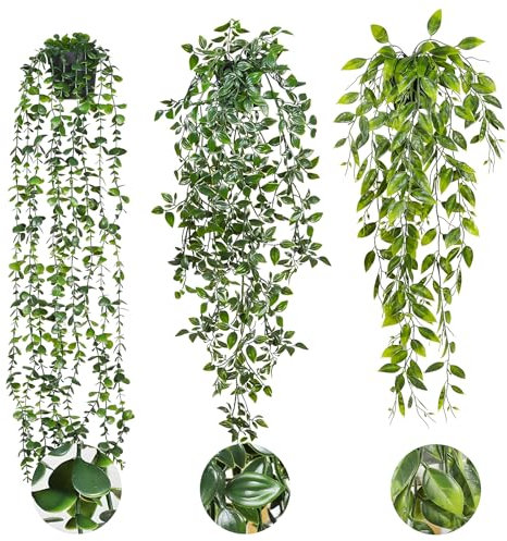 Hanging Plant, Artificial Hanging Plants 3-Pack, Premium Fake Hanging Plants for Indoor & Outdoor Decor, Includes Pea, Eucalyptus, Mandala, No Maintenance Artificial Trailing Plant