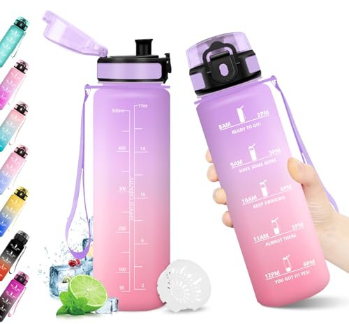 KollyKolla Borraccia 500ml, Riutilizzabile, Bottiglia con Filtro, Borraccia con Indicatore del Tempo Motivazionale senza BPA, A Prova di Perdite, ideale per Bambini, Scuola, Ufficio