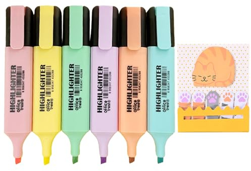6 stycken överstrykningspennor, pastell med kilspets, självhäftande lappar, highlighter pen märkpennor för barn vuxna, torkar snabbt, inget läckage, estetisk överstrykningspenna set för skola och