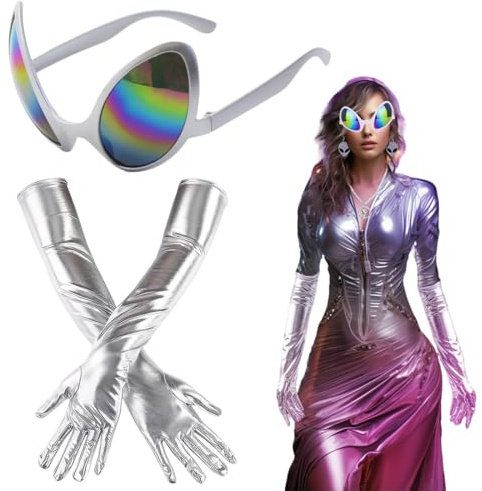 DIFLAX 2 Piezas Traje de Extraterrestre, Gafas de Alienígena, Accesorios Para Disfraz de Alienígena, Guantes Largos de Charol, Guantes Sobre el Codo - Ideal Para Fiestas de Halloween y Cosplay
