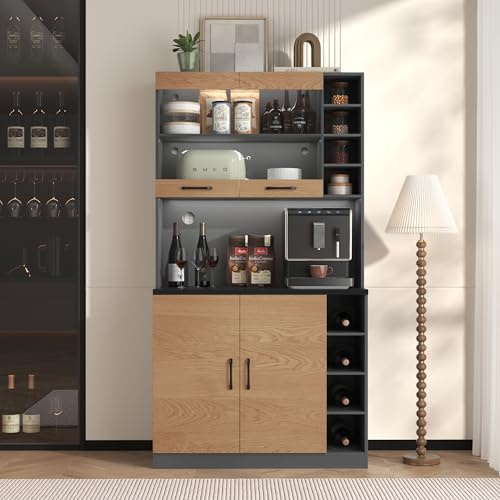100 x 47 x 187 cm. Armario de cocina buffet con iluminación LED ambiental y agujeros para cables. Tabla de cocina de madera. Gran espacio para microondas. Independiente. Estantes laterales ajustables