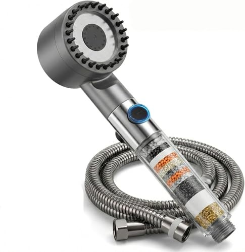 Soffione Doccia con Filtro + Tubo 1.5M Anticalcare – Doccetta Alta Pressione 3+1 Tipi di Getto, Filtro Purificante Acqua, Risparmio Idrico e Montaggio Universale