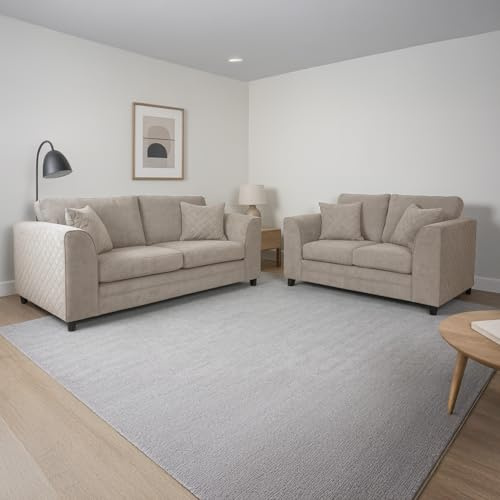 Furnishings For Less UK The Quilted Chenille Beige Fabric Sofa Suite Full Back 3 Seater and 2 Seater (Beige, Sofa Suite (3 and 2 Seater))
