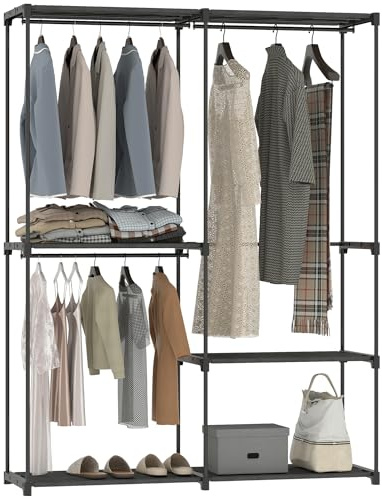 HOMCOM Armoire de Rangement en Tissu, 142 x 43 x 185 cm Noir | Penderie Vêtement, Armoire Chambre, Barre de Suspension et Étagères, pour Vestiaire, Chambre, Dressing