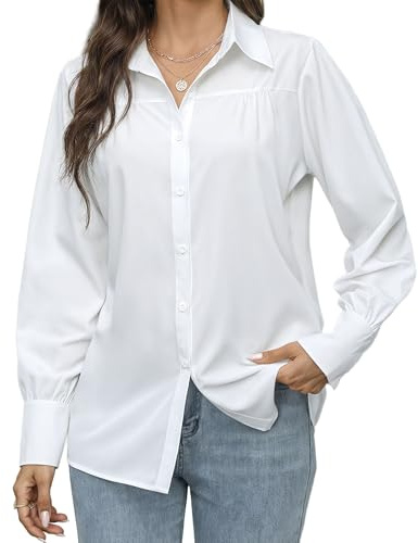 viiotu Womens Shirts Long Sleeve Blouses for Women UK Ladies Button Down Shirts Blouses for Casual Business Office (UK, Alpha, M, Regular, Regular, White)