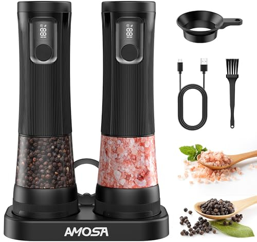 AMOSA Set Macina Sale e Pepe Elettrico, Upgrade con 2 Velocità Regolabili, 5 Livelli Grana Regolabili Esterna, Display Batteria & Base Portaoggetti, Saliera e Pepiera Automatica con Luce LED, Nero