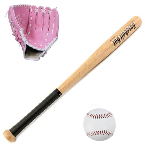 25 Inch Wooden Baseball Bat with Glove and Ball Set, 3-Piece Softball Set Kit for Youth Outdoor Training, Beginners