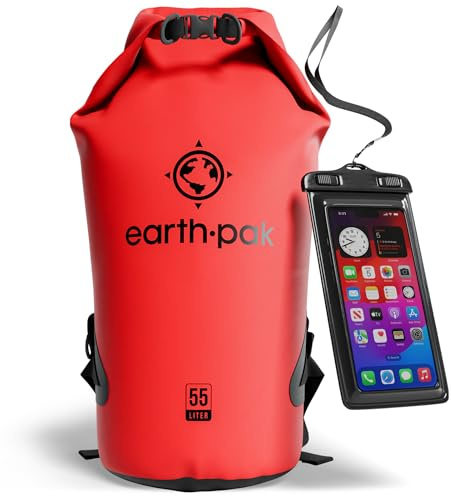 Earth Pak -Waterproof Dry Bag - Roll Top Dry Sack Keeps Gear Dry for Boating, Hiking, Camping and Fishing with Waterproof Phone Case (Red, 55L)