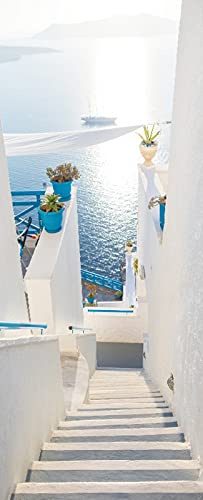 A.Monamour Adesivo Porta Autoadesiva Scale Per Il Mare Nell'Isola Di Santorini In Grecia Vinile PVC Adesivi per Porte Interne 3D Pellicola Adesiva Poster Sticker Murale Parete Carta da Parati