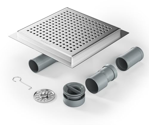 Bernkot Duschrinne Quadrat 20 * 20cm, 360° Siphon mit Geruchsstop und Haarsieb Edelstahl Ablaufrinne Bodenablauf Duschablauf sehr flach DN50 DN40