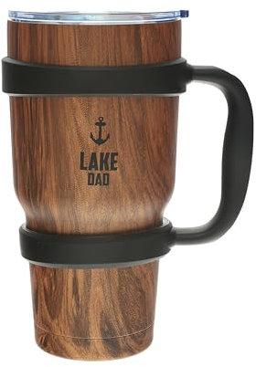 Pavilion Gift Company - Lake Dad - 30 oz Stainless Steel Oversized Large Capacity Travel Coffee Cup Mug Insulated Hot Cold 6/12 Hrs Removable Handle Lake Lover Enthusiast Gift Present