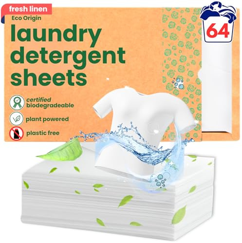 Eco Origin Laundry Detergent Sheet Strips | Ultra-Concentrated Eco-Friendly Non Liquid Laundry Sheets | Fresh Linen Scent Machine Hand Washing | Plant Based Stain Remover Non Washing Liquid | 64 Loads
