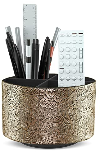 Czzmy Rund Stiftehalter,Leder,360° drehbar,Fernbedienungshalter, drehbarer Nachttisch, TV-Fernbedienung, Schreibtisch-Organizer für Stifte, Bürobedarf, Aufbewahrungsbox(1-Gold schnitzen)