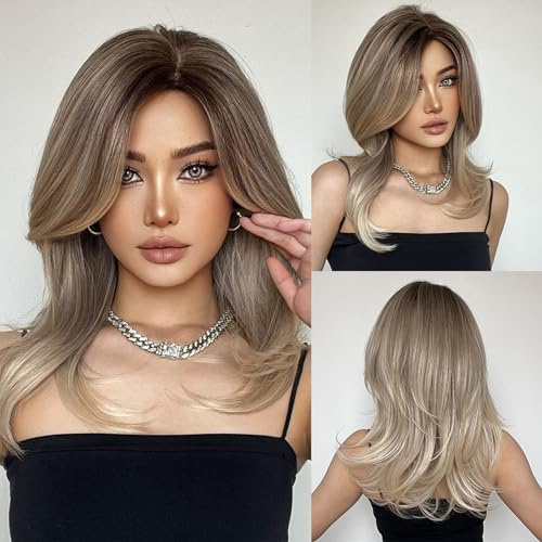 Layhou Parrucca da donna con riga laterale, ondulata media lunghezza con frangia francese, realistica in fibra sintetica ad alta temperatura con retina per capelli
